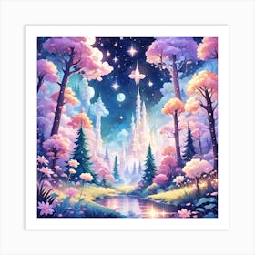 A Fantasy Forest With Twinkling Stars In Pastel Tone Square Composition 43 Art Print