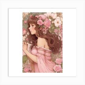 Pink rose fairy Mucha style Art Print