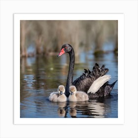 Black Swan with two cygnets Art Print