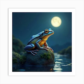 A Toad With Iridescent Skin, Perched On A Glowing, Mossy Rock Under The Moonlight Art Print