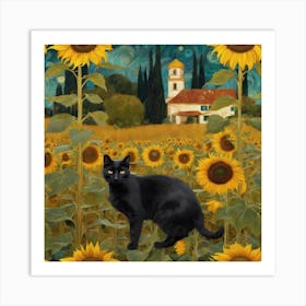 Gustav Klimt Inspired , Farm Garden With Sunflowers And A Black Cat 6 Art Print