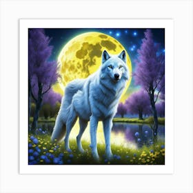 White Wolf In The Moonlight Art Print