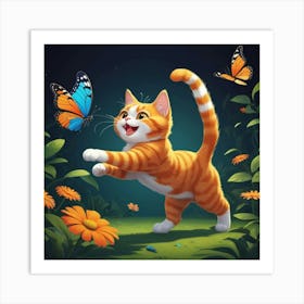 Cat Playing With Butterflies 1 Art Print