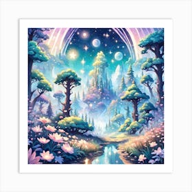 A Fantasy Forest With Twinkling Stars In Pastel Tone Square Composition 306 Art Print