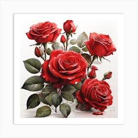 a painting of red roses on a white background, an airbrush painting by Terry Redlin, featured on deviantart, figurative art, detailed painting, airbrush art, acrylic art Art Print