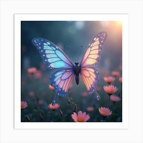 A Mythical Butterfly With Wings Of Cascading, Holographic Patterns Fluttering Through A Dreamlike Meadow Art Print