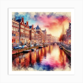 Amsterdam Canal Houses Reflected In A Dreamy Watercolor Sunset, Style Watercolor 3 Art Print