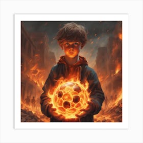 Boy Holding A burning Soccer Ball Art Print