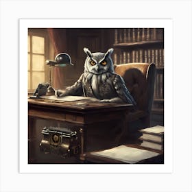 An owl dressed as a screenwriter sits at a desk Art Print