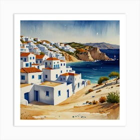 Aegean Village.Summer on a Greek island. Sea. Sand beach. White houses. Blue roofs. The beauty of the place. Watercolor. 1 Art Print