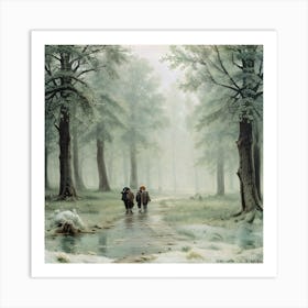 Two Children Walking In The Snow Art Print