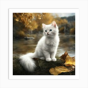 White Cat In Autumn Art Print