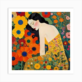 Woman And Flowers Art Print