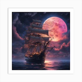 Ship In The Moonlight Art Print