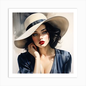 Beautiful Sensual Lady wearing a White Hat And Blue Silk Shirt - Watercolor Portrait Art Print