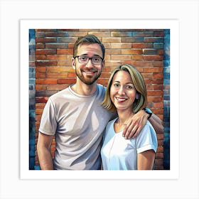 Digital Painting Of A Couple In Front Of A Brick Wall Art Print