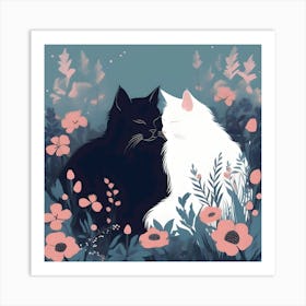 Silhouettes Of Cats Snuggled In The Garden, Black, White, Turquoise And Pink Art Print