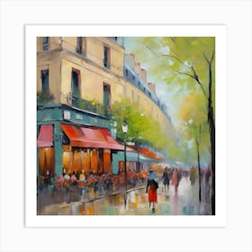 Paris Cafes.Paris city, pedestrians, cafes, oil paints, spring colors. Art Print