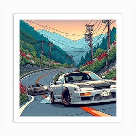 Japanese cars drifitng down a mountain pass 1 Art Print
