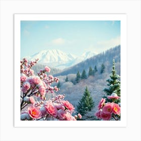 Snowy Mountains With Pink Flowers Art Print