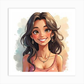 Spanish Girl With A Radiant Smile, Watercolor With Cheerful Shades 1 Art Print