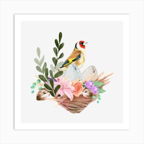 Bird's nest with colorful leaves and happy Easter dreams. Art Print