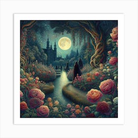 Into The Garden Tending To Enchanted Rose Gardens Under Amsterdam S Moonlight Style Gothic Floral Expressionism (3) Art Print