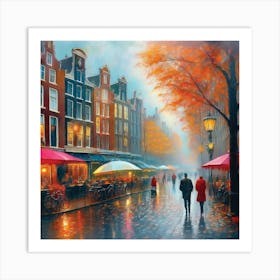 Amsterdam cafes, autumn season, rain, autumn oil colours.Faded colours,People passing on the street, winter clothes, rain umbrellas.7 Art Print