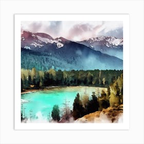 Watercolor Of A Mountain Lake, Banff National Park 2 Art Print