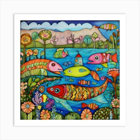 Art Drawing See And Fish Scene Folk Art Style Insp (2) 2024 05 01t200217 Art Print