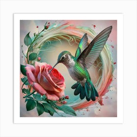 Hummingbird With Roses Art Print