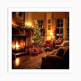 A Cozy Winter Evening By A Roaring Fireplace An Ornately Decorated Christmas Tree Situated In The C (3) Art Print