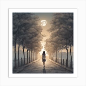 248298 A Girl Walk In A Long Street , Full Tree And The E Xl 1024 V1 0 Art Print