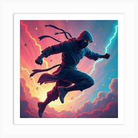 Ninja Warrior Leaping Through A Neon, Watercolor Storm 1 Art Print