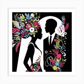 Bride And Groom Silhouettes Illustration Art Print