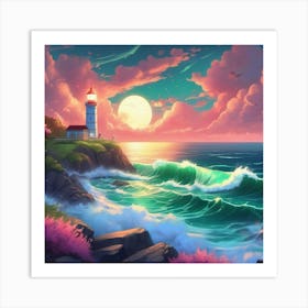 Lighthouse At Sunset Landscape 14 Art Print