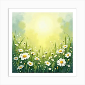 Daisies Scattered Across A Watercolor Meadow, Glowing In Sunlight Art Print