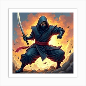 Ninja Fighter In Action With A Colorful, Dynamic Background 1 Art Print