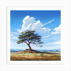 Single Countryside Tree Under Blue Skies Art Print