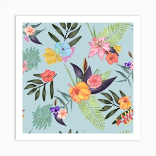 Tropical Brush Watercolor Exotic Flowers Pattern Square Art Print