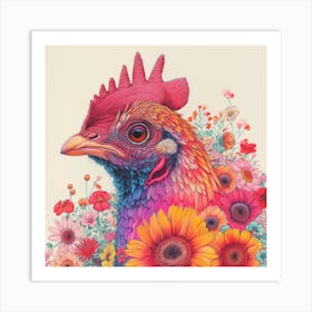 Rainbow Chicken With Sunflowers Art Print