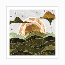 Straight and broken flowing lines and tree shapes, gold, sage, in the form of a tropical ocean. 7 Art Print