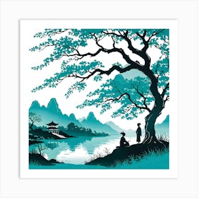 Chinese Landscape With Tree, Turquoise And Black Art Print