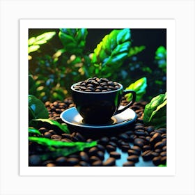 Coffee Cup With Green Leaves Art Print