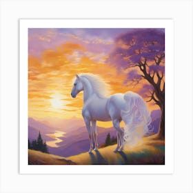 White Horse At Sunset Art Print