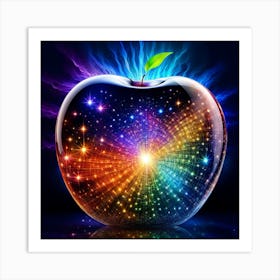 Crystal Glas Apple With A Abstract Galaxy Reflection And A Blue And Pink Glow In The Background - Photo Realistic Illustration Art Print