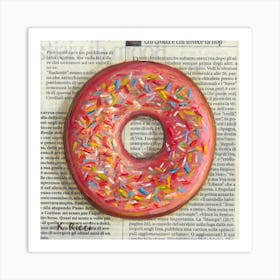 Donut On Newspaper Pastry Food Pink Aesthetic Minimal Wall Decor Art Print