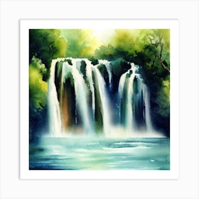 Waterfall Watercolor Painting, Plitvice Lakes National Park Art Print