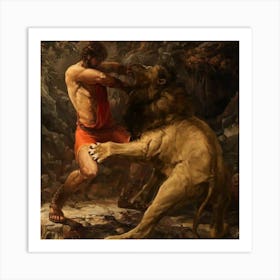 Lion And Man Fighting Art Print