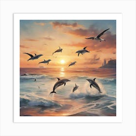 Sunset and Dolphins Art Print